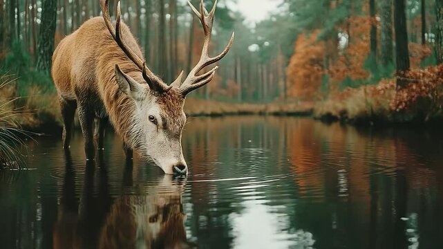 Deer drinking from forest pond