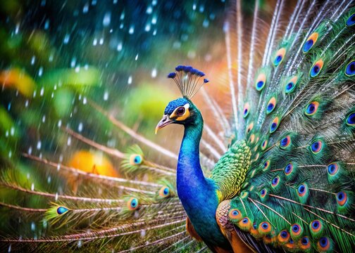 Majestic Peacock Rain Dance: Vibrant Feathers in a Summer Shower