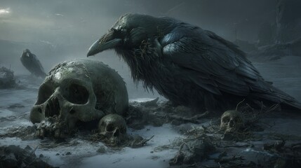 Dark and Mysterious Landscape with Raven and Skull, Depicting Themes of Death, Nature, and the Supernatural in an Atmospheric Environment