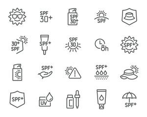Editable Vector Icon Set for Sun Protection in Linear Style. The set features icons representing the sun, sunscreen, hats, sunglasses, and UV protection, all harmoniously proportional.