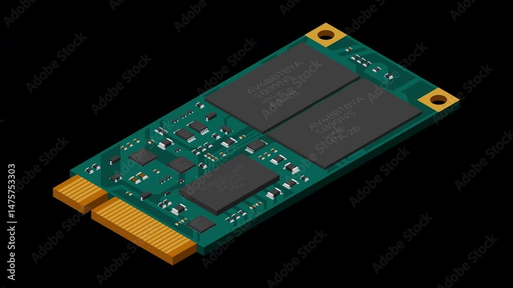 Poster isometric solid state drive animation. drive ssd storage illustration. ssd m.2 animation. computer h