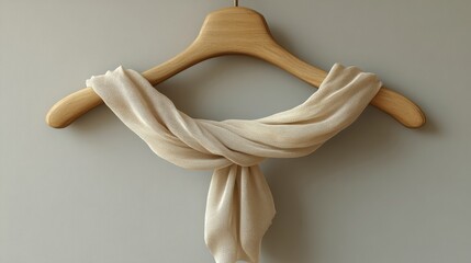 Elegant neutral scarf draped on a wooden hanger against a minimalist gray wall adding a touch of sophistication to any wardrobe or dressing space