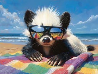 A cute baby skunk wea mirrored sunglasses relaxes on a colorful beach towel at the seaside on a sunny day.