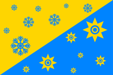 Creative design featuring blue and yellow colors with snowflakes and stars on a divided background