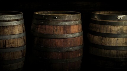 Fototapeta premium Aged Oak Whisky Barrels in Dimly Lit Cellar Showcasing Craftsmanship