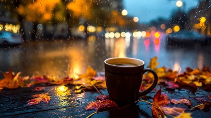Warm coffee mug surface backdrop of rainy autumn street wet street illuminated streetlight scattered colorful autumn leaf evoking peaceful rainy afternoon atmosphere cut out isolated transparent