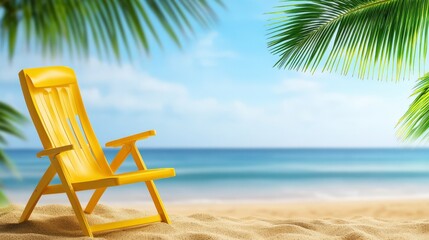 Bright Yellow Beach Chair Under Lush Green Palm Leaves with Serene Ocean and Beautiful Sky in the Background for Relaxation and Vacation