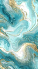 Abstract background with a liquid marble pattern in light blue and gold, featuring swirls of white