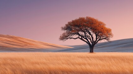 Serene Sunset Landscape Featuring a Lone Tree with Autumn Leaves Against a Softly Colored Gradient Sky and Rolling Hills in the Background