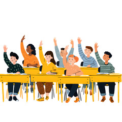 Enthusiastic Students in Classroom: Eager students raise their hands in a bright, engaged learning environment.