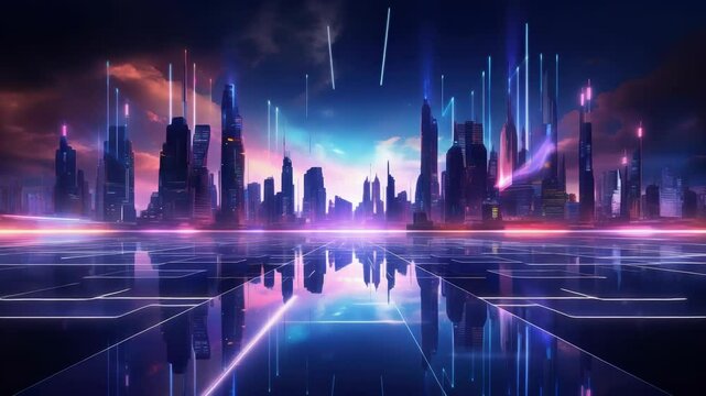 cityscape with space and neon light effect. Modern hi-tech, science, futuristic technology concept. Abstract digital high tech city design for banner background
