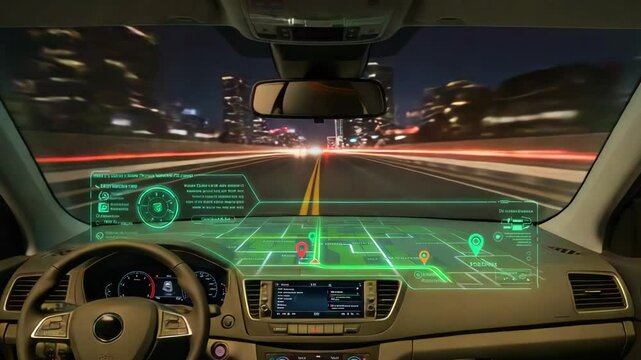 Interior view of a car dashboard at night, showcasing a futuristic navigation display and city lights