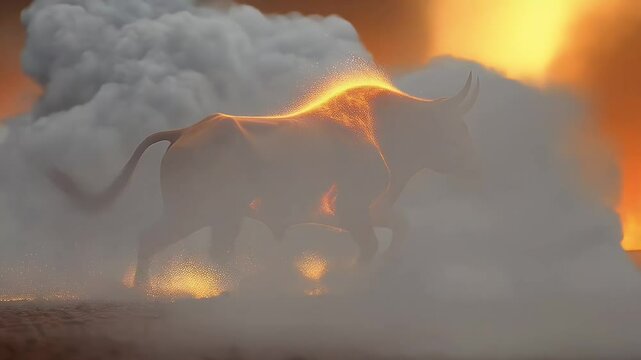 Fiery bull running on burning field

