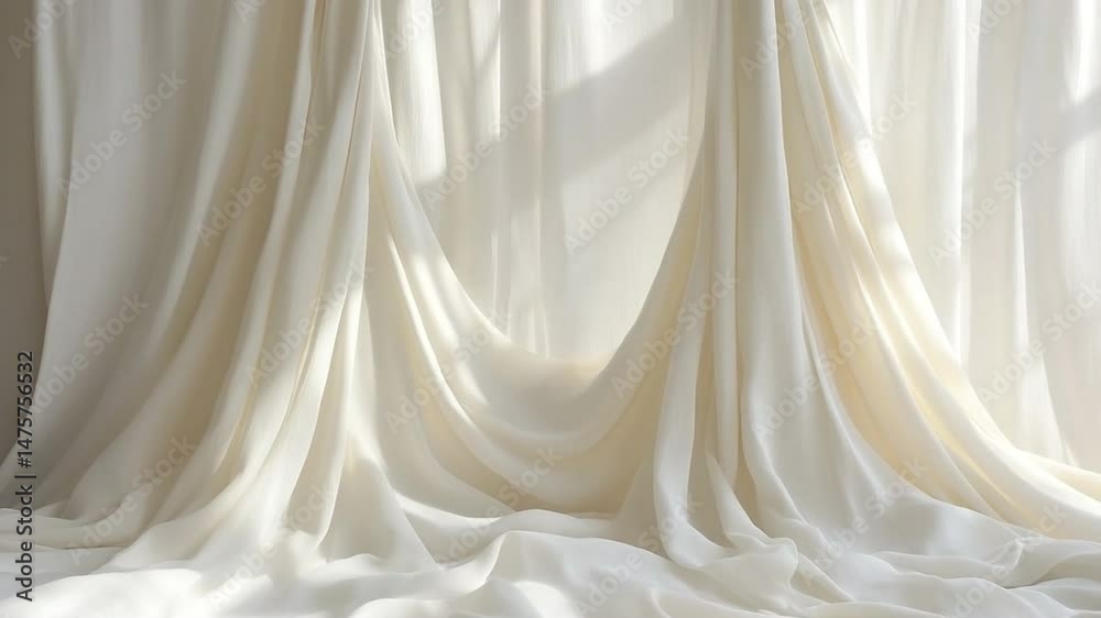 Poster draped fabric texture: luxurious cream-colored fabric in soft, elegant drapes, illuminated by natura