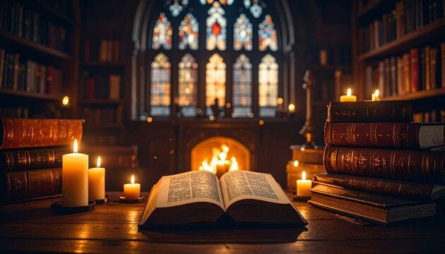 魔法学校の宿泊塔・夜の図書室付きホテル