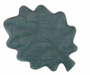 Jade green velour rug, Leaf shape, mat isolated on white background.  Textile for Home interior design