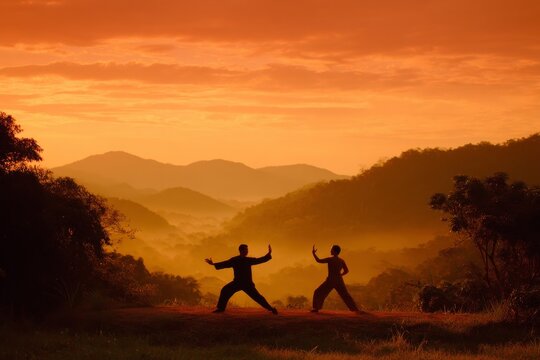 Two individuals practice Tai Chi at sunrise, overlooking a majestic mountain range.
