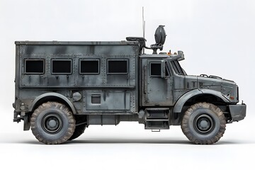 Obraz premium Side view of a gray armored truck with an antenna and multiple windows on a white background