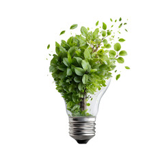 Green energy concept: a lightbulb filled with lush foliage and leaves on a clean black background.