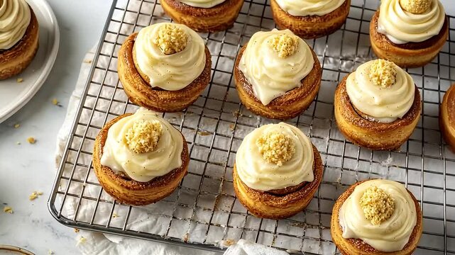 Overhead Shot Of Freshly Baked Cinnamon Rolls With White Cream Frosting And Crumble Topping On Wire Rack