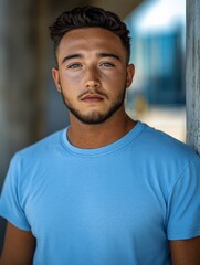 Obraz premium Young man with short dark hair and beard, wearing blue shirt, posing confidently near urban backdrop, showcasing modern lifestyle and self-expression photo