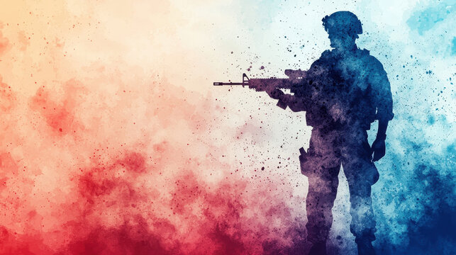 An energetic soldier silhouette emerges from red and blue paint splashes, embodying the vivid action and colorful intensity of a paintball match adventure.