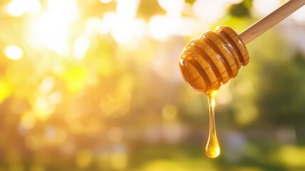 Warm Honey Dripping from a Wooden Dipper into a Rustic Glass Jar