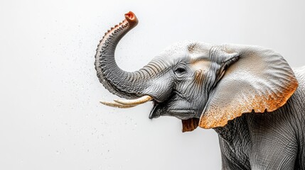 Obraz premium Grey elephant with raised trunk and tusks against a white background, speckled with spray