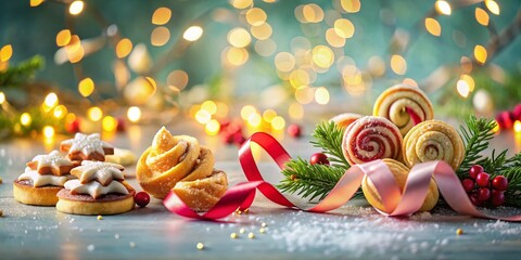 New Year Sale Festive Food Banner: Sparkling Ribbons & Bokeh Lights