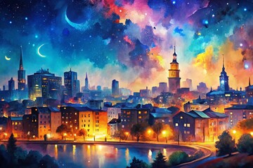 Obraz premium Night City Watercolor Background: Vibrant Urban Dusk Scene