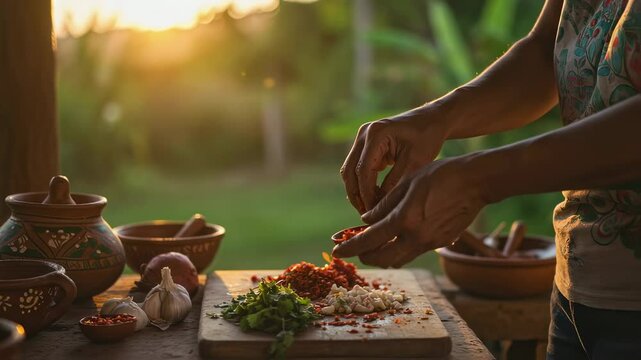 Hands preparing ritual offering for Hindu puja ceremony at sunset. Traditional religious practice for Diwali, Durga Puja, and Navaratri festivals.