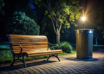 Night Park Bench and Garbage Bin - City Street Scene Stock Photo