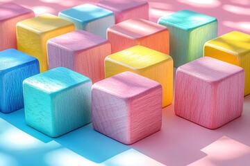 Obraz premium Colorful Wooden Blocks Arranged in a Playful Pattern on a Soft Pink Surface with Delicate Shadows and Bright Light Reflection