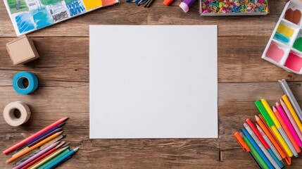 Flat Lay Mockup of White Paper on Wooden Table Surrounded by Art Supplies