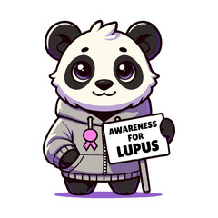 Cartoon Panda Holding Lupus Awareness Sign Wearing Hoodie With Pink Ribbon