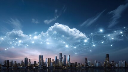 Modern IoT ecosystem linking smart devices, sensors, and cloud hubs over a business cityscape,