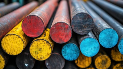 Colorful Steel Rods Arranged in Neat Rows, Showcasing a Vibrant Palette of Red, Yellow, and Blue, Highlighting Industrial Materials and Textures