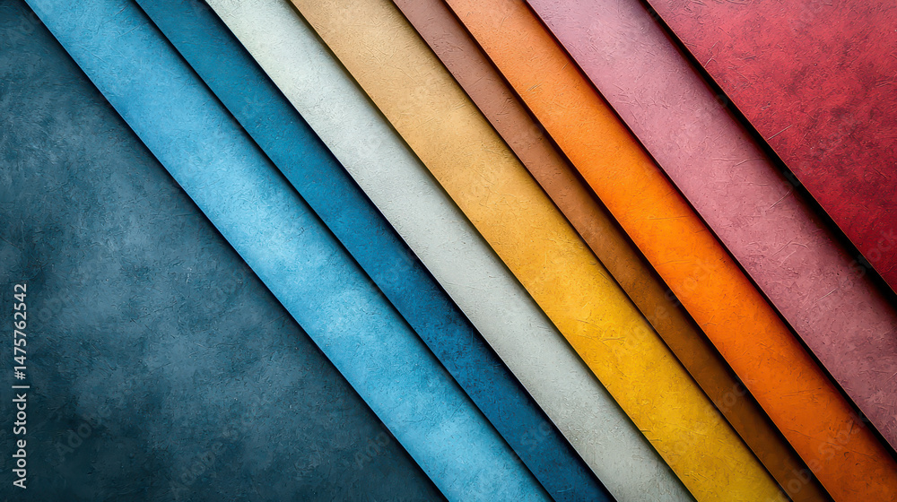 Poster geometric arrangement of vivid colored textures displayed on a white surface, creating abstract patt