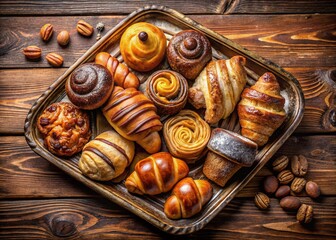 Panoramic Aerial View: Gourmet Brioche & Pastry Assortment on Rustic Brown Table