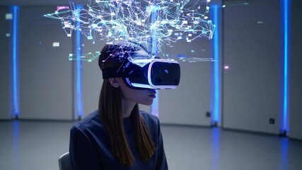 Woman wearing vr headset exploring virtual reality environment with data processing and network connections - Powered by Adobe