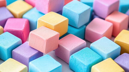 An artistic display of pastel geometric shapes, specifically cubes, are scattered on a light background, creating a soft and visually appealing composition.