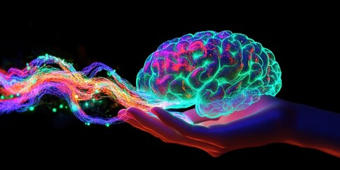 Brain hovering above open hand with glowing neon colors representing creative energy and imagination flowing out. Science innovation and technology concept.