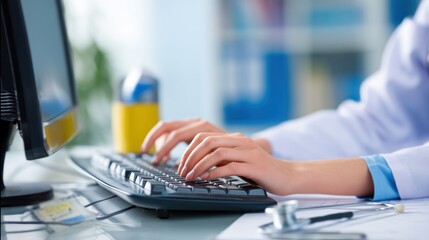 Medical Professional Typing Patient Records into Computer System