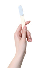 Woman with nail file on white background, closeup. Manicure tool