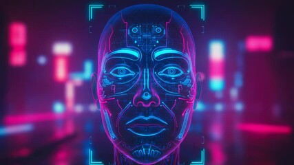 Futuristic digital face recognition technology with neon lights illuminating a cyberpunk city background - Powered by Adobe