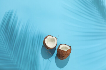 Fresh coconut and shadow cast by tropical palm on light blue background, top view