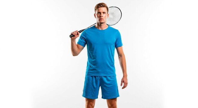 Man in blue sportswear with badminton racket over shoulder on white background