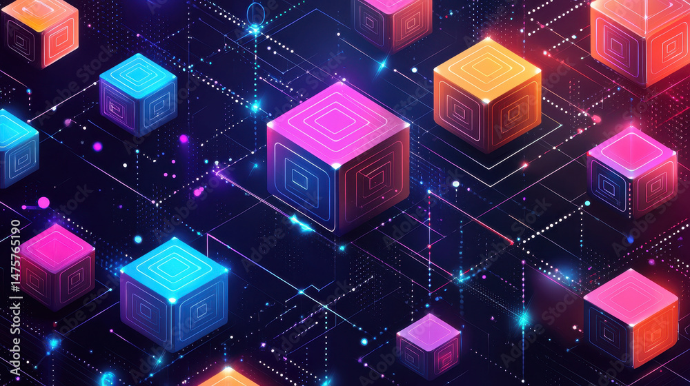 Poster vibrant cubes create a futuristic abstract pattern on a digital screen, illuminated with glowing lin