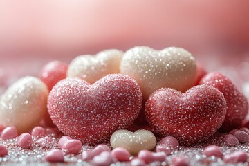 Fototapeta premium Glittering Heart-Shaped Candies with Sprinkles on a Soft Pink Background Perfect for Romantic Celebrations and Sweet Treats Sharing
