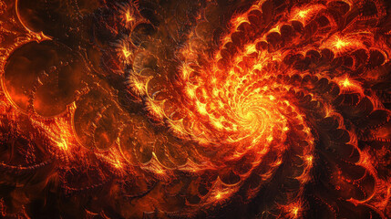 The fractal-inspired design radiates from a central vortex with golden and fiery hues creating a mesmerizing abstract art piece of digital creation.